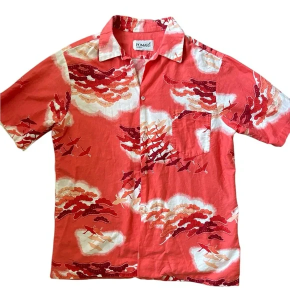 Vintage Pomare Birds /Clouds Button Down Shirt Red/White - Picture 1 of 12